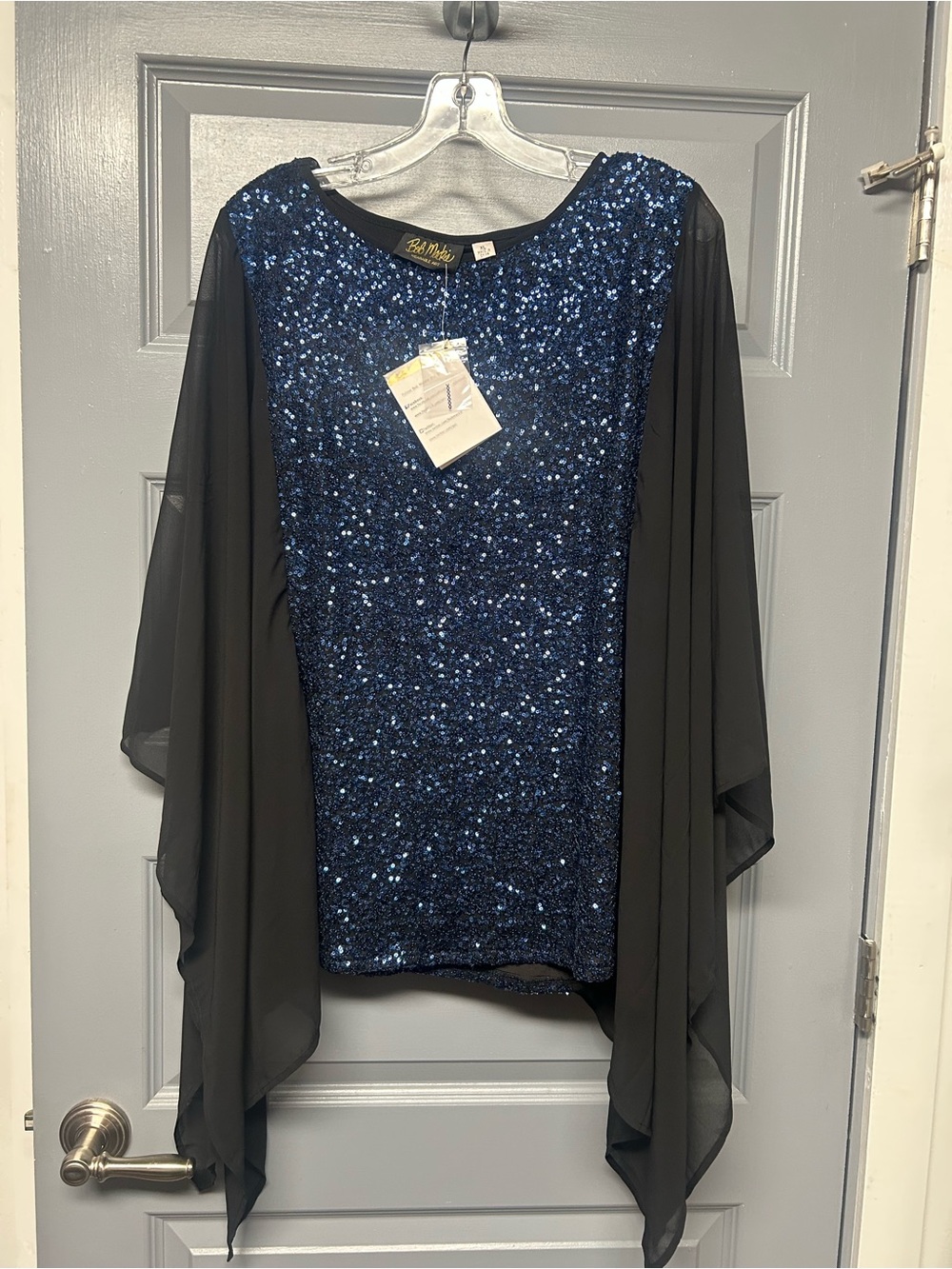 Bob Mackie Wearable Art sequin and chiffon tunic blouse. NWT SIZE XL. Blue/black